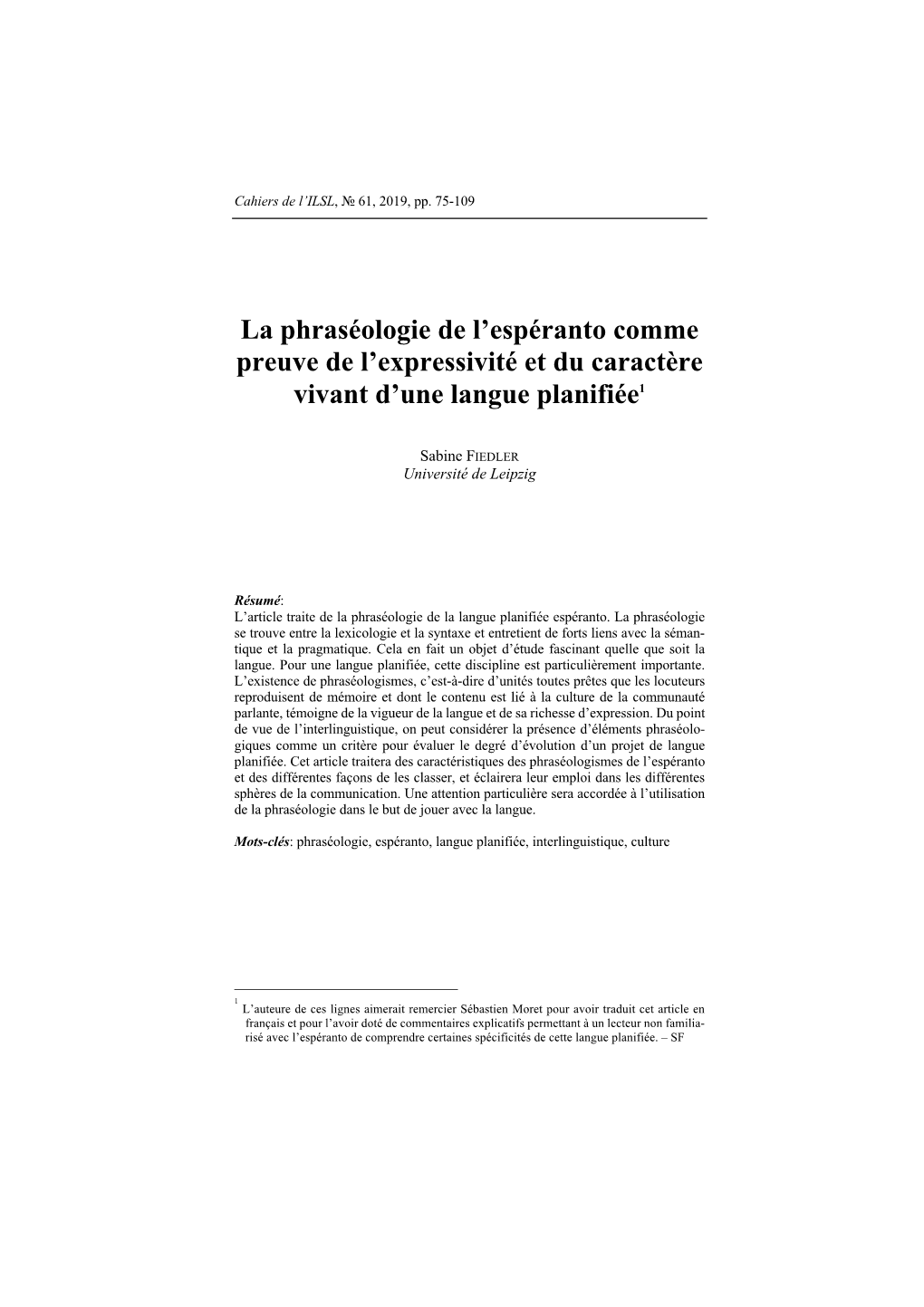 La Phraséologie De L'espéranto Comme Preuve De L'expressivité Et