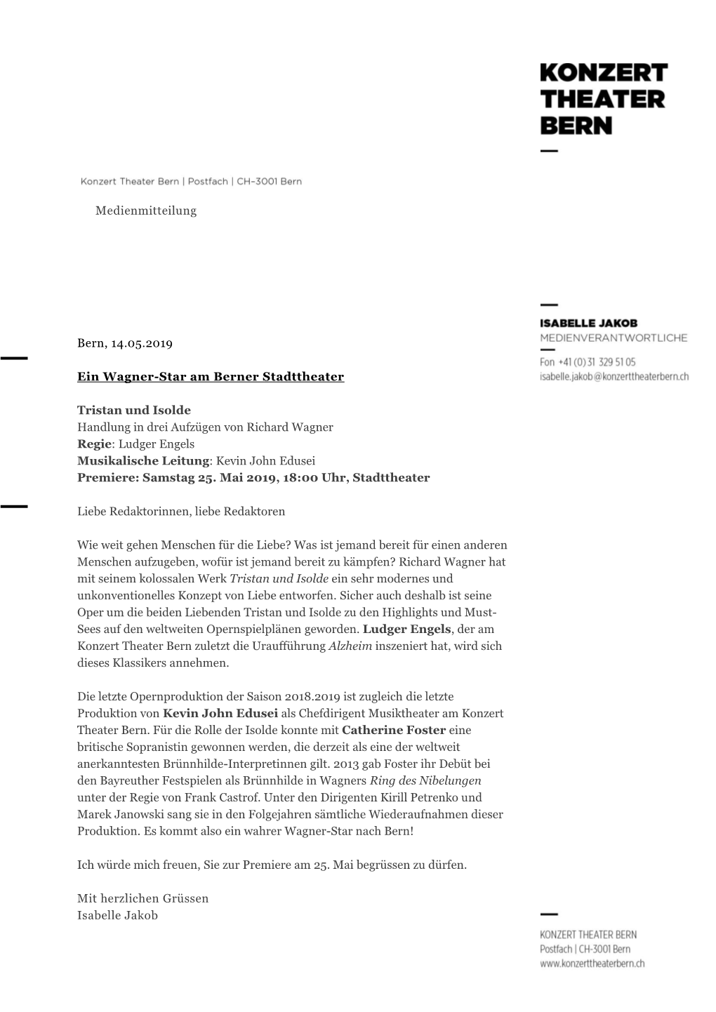 Bern, 14.05.2019 Ein Wagner-Star Am Berner Stadttheater Tristan Und