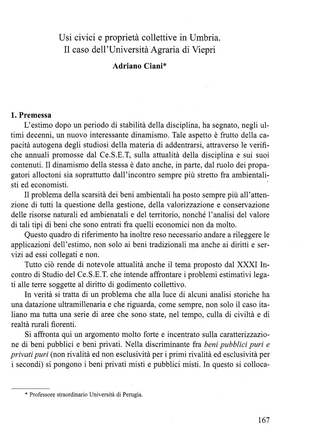 Usi Civici E Proprietà Collettive in Umbria : Il Caso Dell'università Agrari