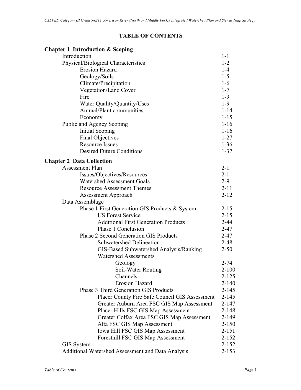 TABLE of CONTENTS Chapter 1 Introduction & Scoping