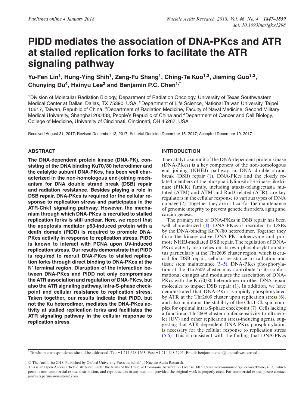 PIDD Mediates the Association of DNA-Pkcs and ATR at Stalled