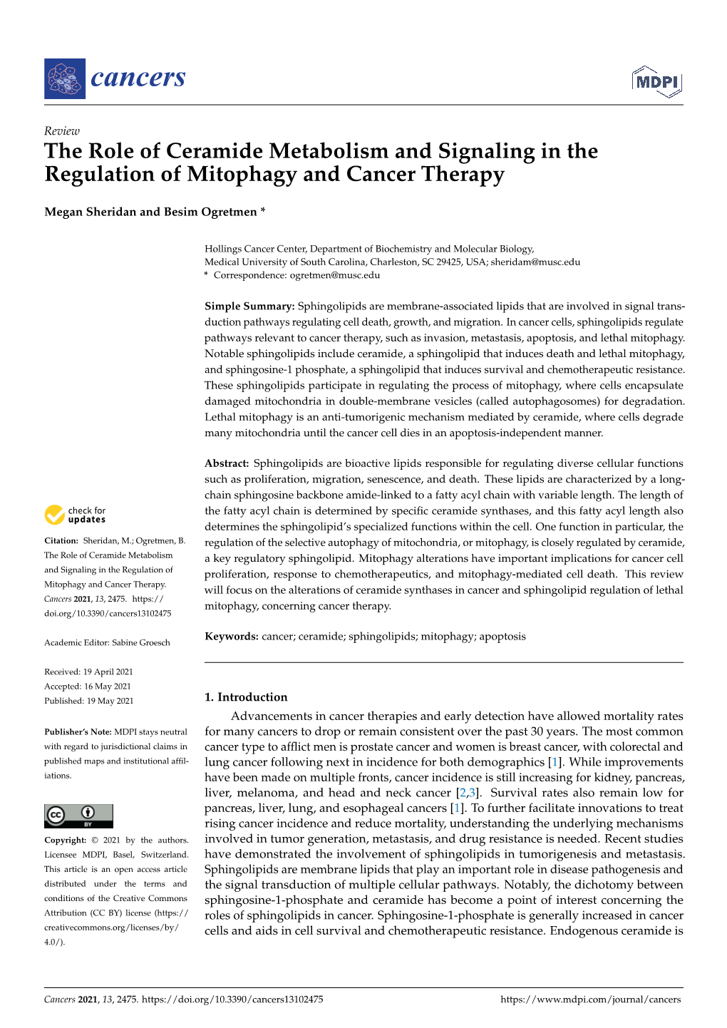 The Role of Ceramide Metabolism and Signaling in the Regulation of Mitophagy and Cancer Therapy