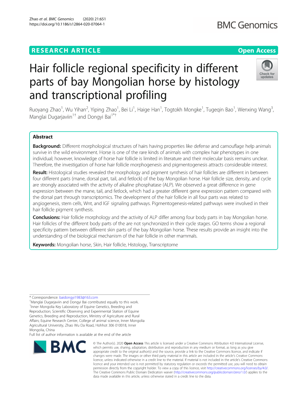 Hair Follicle Regional Specificity in Different Parts of Bay Mongolian