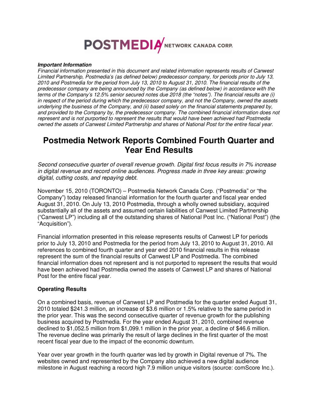 Postmedia Network Reports Combined Fourth Quarter and Year End Results