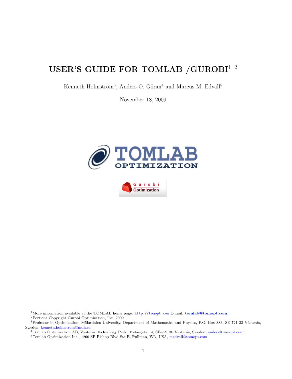 User's Guide for Tomlab /Gurobi