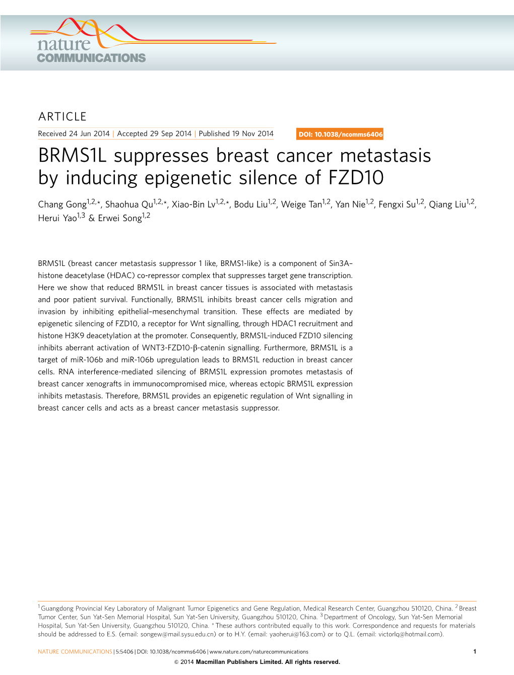 BRMS1L Suppresses Breast Cancer Metastasis by Inducing Epigenetic Silence of FZD10