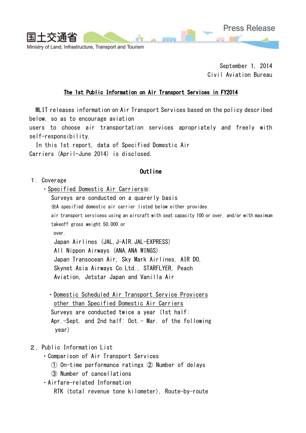 September 1, 2014 Civil Aviation Bureau MLIT Releases Information