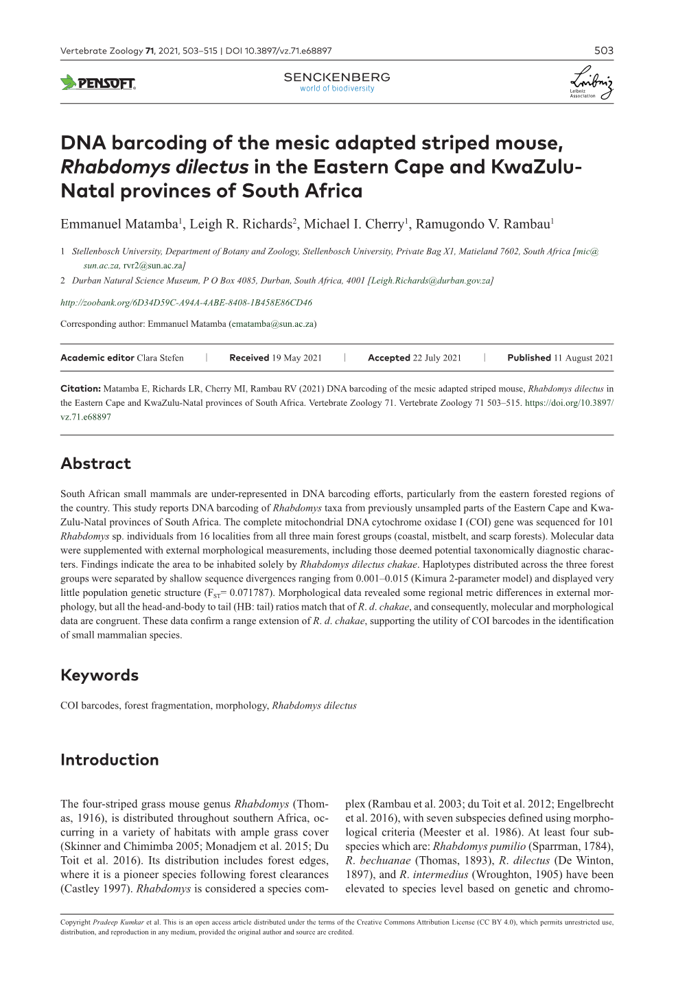 DNA Barcoding of the Mesic Adapted Striped Mouse, Rhabdomys Dilectus in the Eastern Cape and Kwazulu- Natal Provinces of South Africa