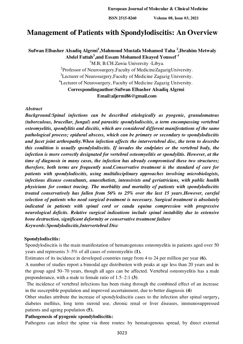 Management of Patients with Spondylodiscitis: an Overview