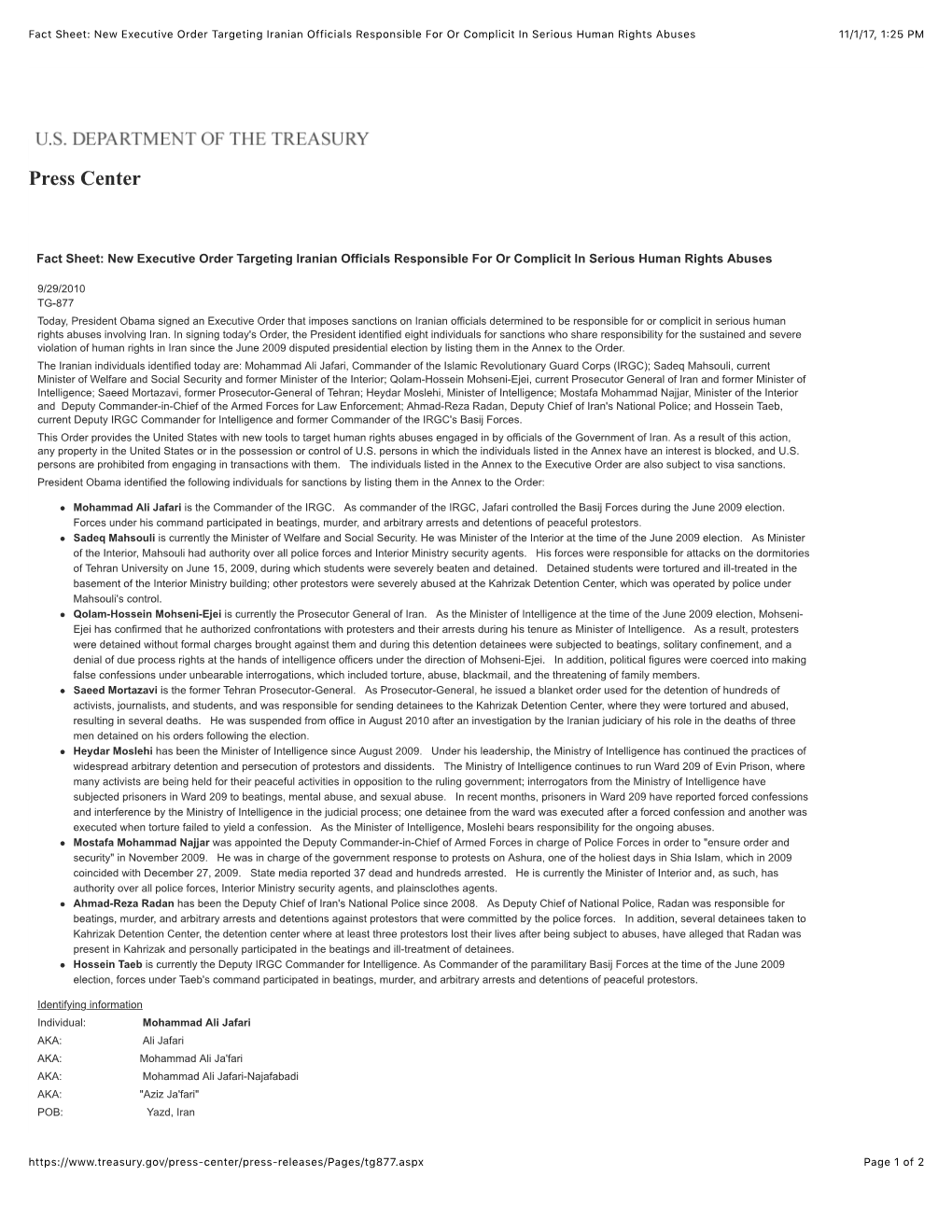 Fact Sheet: New Executive Order Targeting Iranian Officials Responsible for Or Complicit in Serious Human Rights Abuses 11/1/17, 1�25 PM