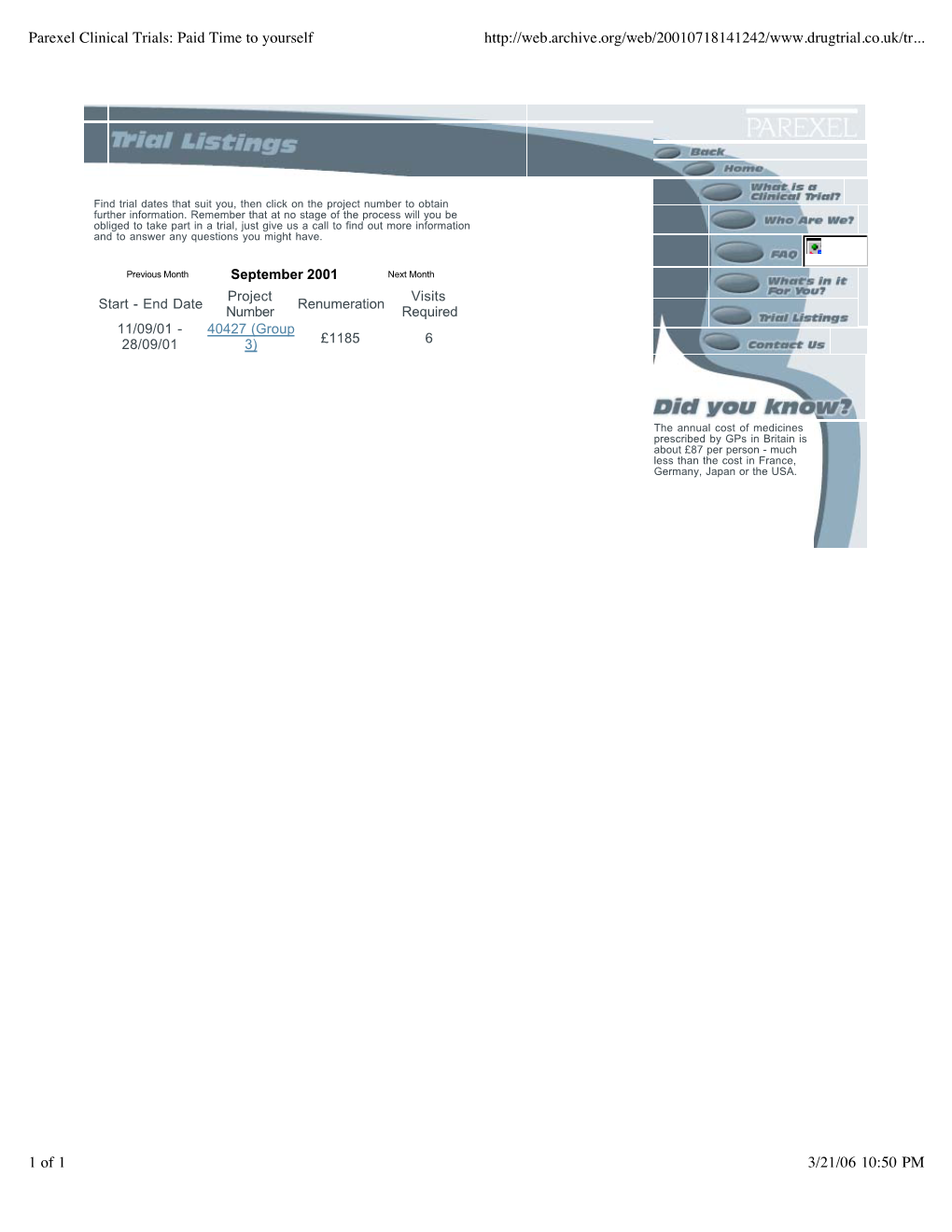 Parexel Clinical Pharmacology Research Unit. Trial Listings