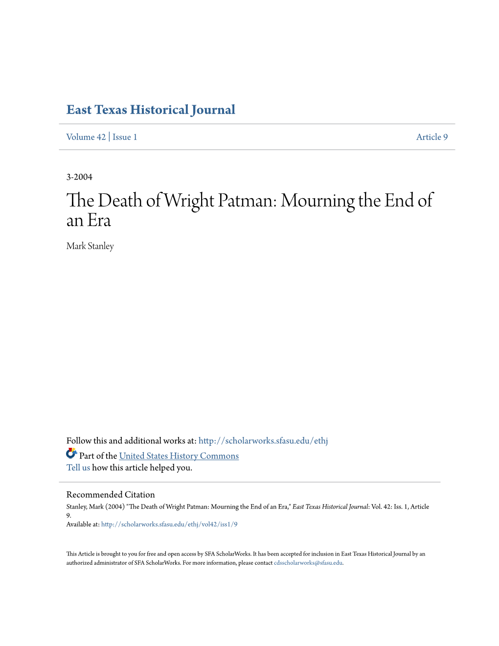 THE DEATH of WRIGHT PATMAN: MOURNING the END of an ERA by Mark Stanley