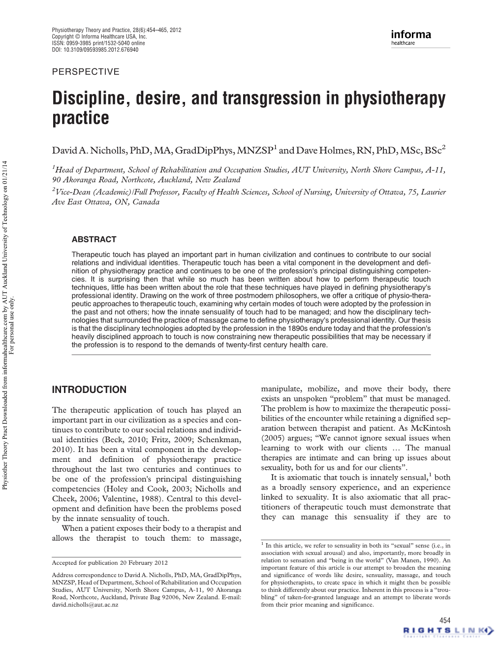 Discipline, Desire, and Transgression in Physiotherapy Practice