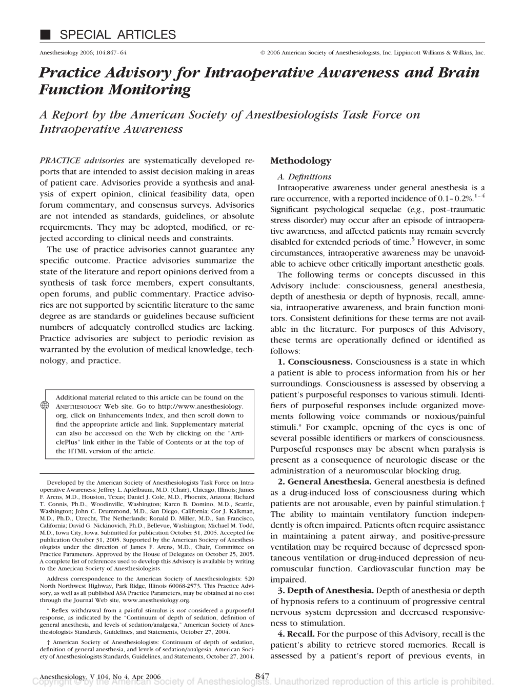 Practice Advisory for Intraoperative Awareness and Brain Function