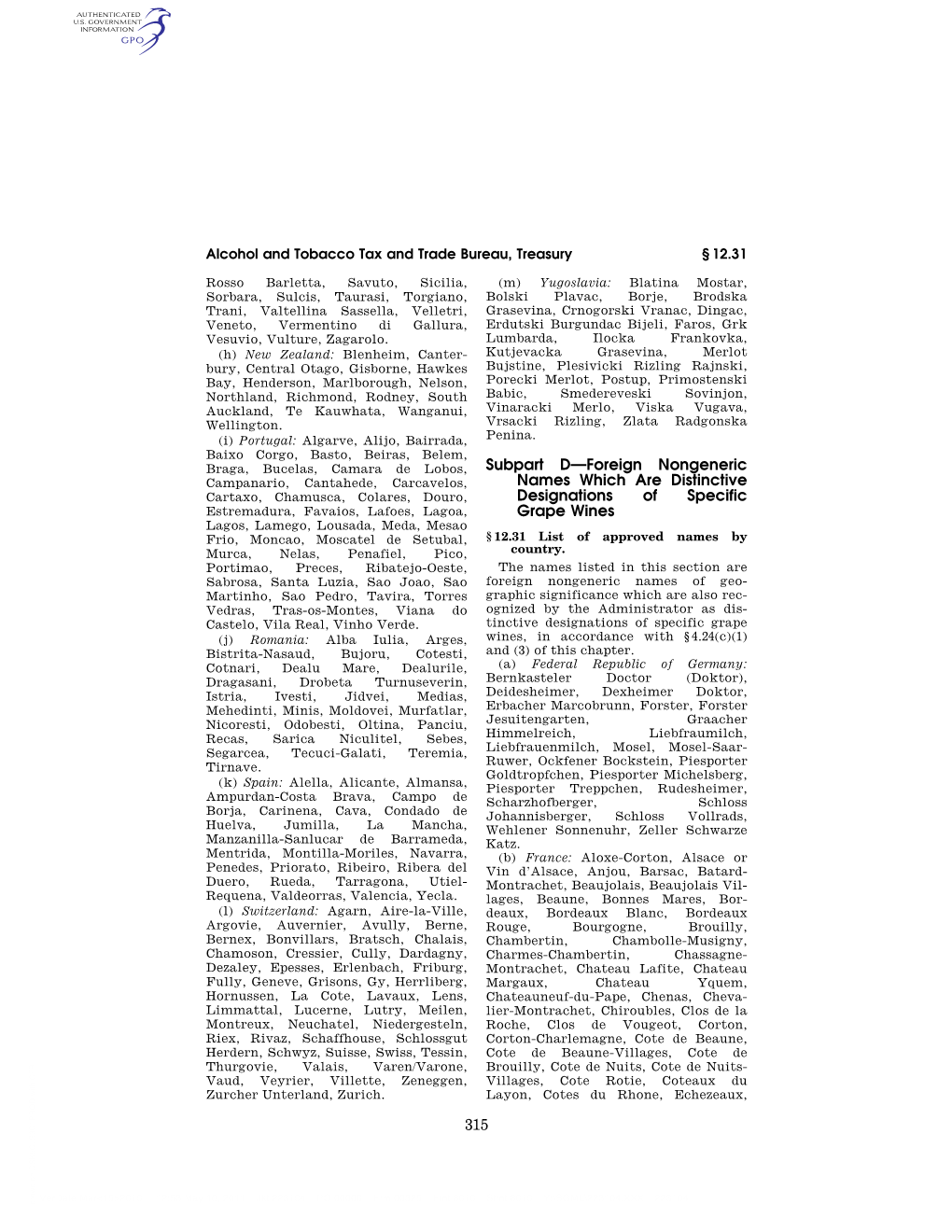 315 Subpart D—Foreign Nongeneric Names Which Are Distinctive