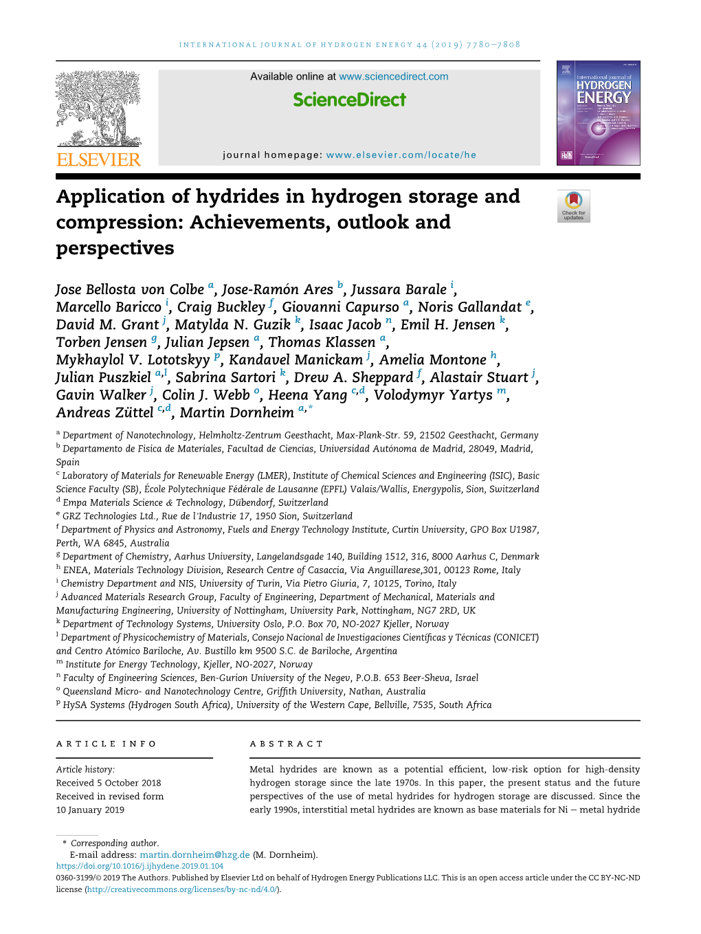Application of Hydrides in Hydrogen Storage and Compression: Achievements, Outlook and Perspectives