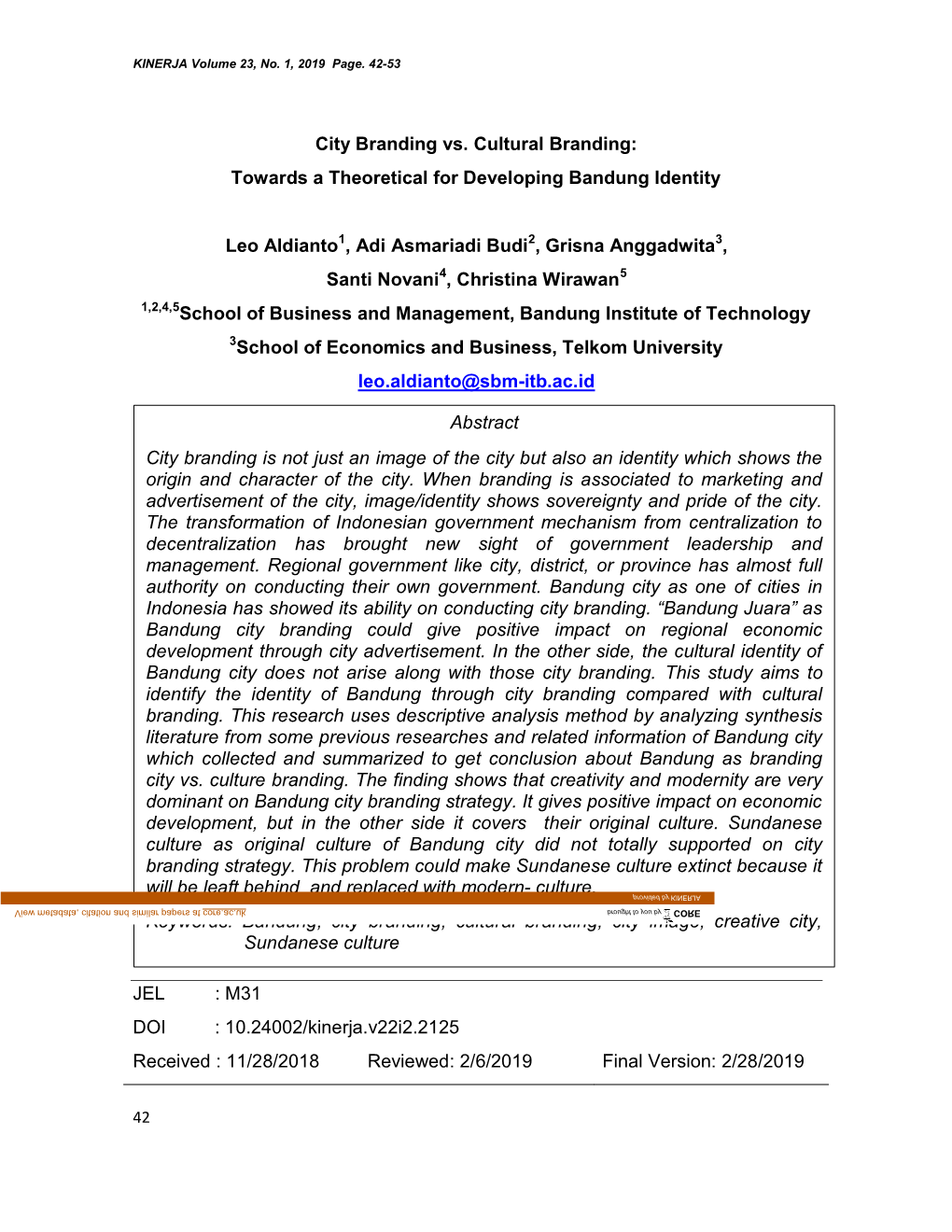 City Branding Vs. Cultural Branding: Towards a Theoretical for Developing Bandung Identity