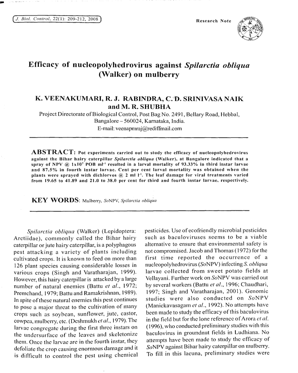 Efficacy of Nucleopolyhedrovirus Against Spilarctia Ohliqua (Walker) on Mulberry