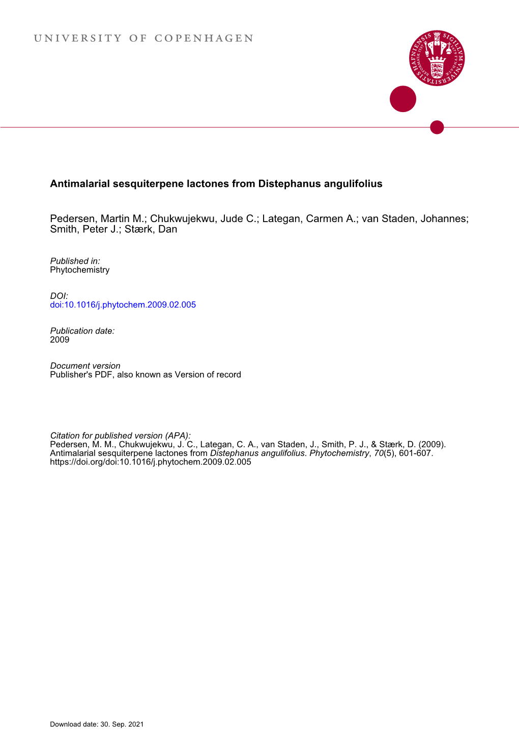 Antimalarial Sesquiterpene Lactones from Distephanus Angulifolius