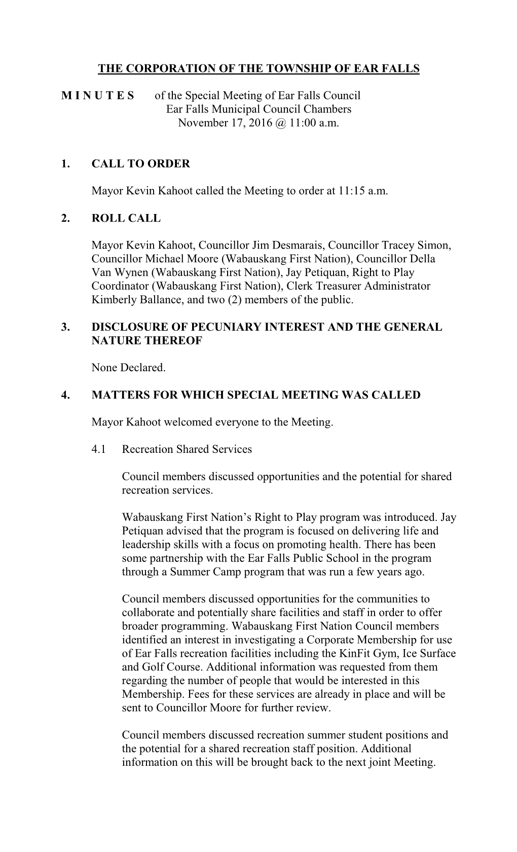 Minutes – Special Meeting of Council November 17Th, 2016 Page 2