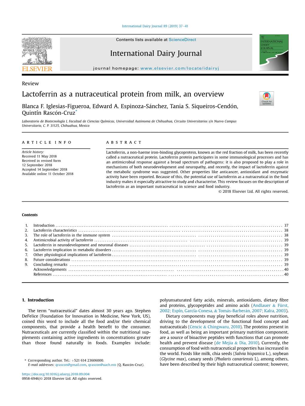 Lactoferrin As a Nutraceutical Protein from Milk, an Overview