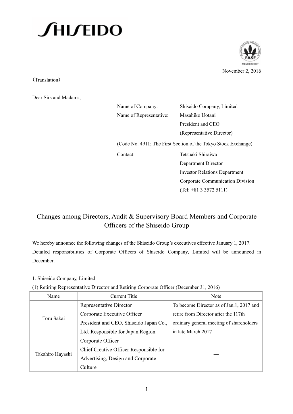 Changes Among Directors, Audit & Supervisory Board