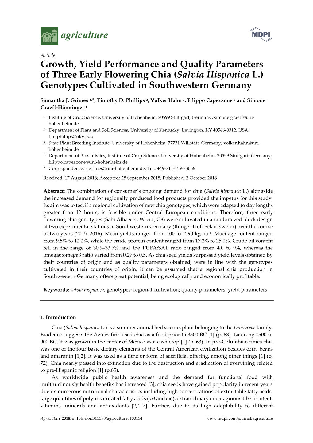 (Salvia Hispanica L.) Genotypes Cultivated in Southwestern Germany