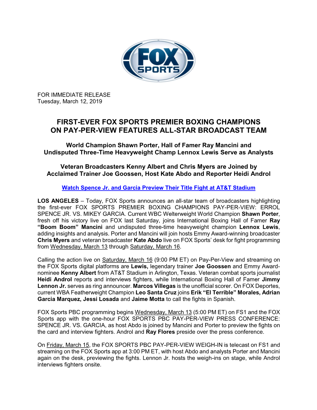 First-Ever Fox Sports Premier Boxing Champions on Pay-Per-View Features All-Star Broadcast Team