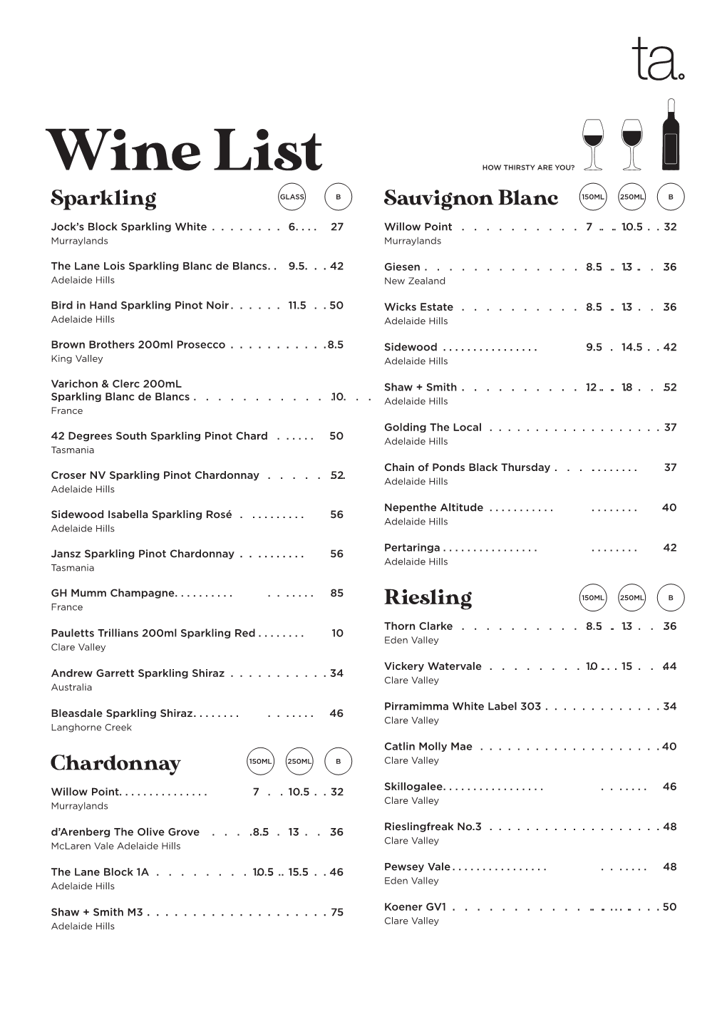 Wine List HOW THIRSTY ARE YOU? Sparkling GLASS B Sauvignon Blanc 150ML 250ML B Jock’S Block Sparkling White