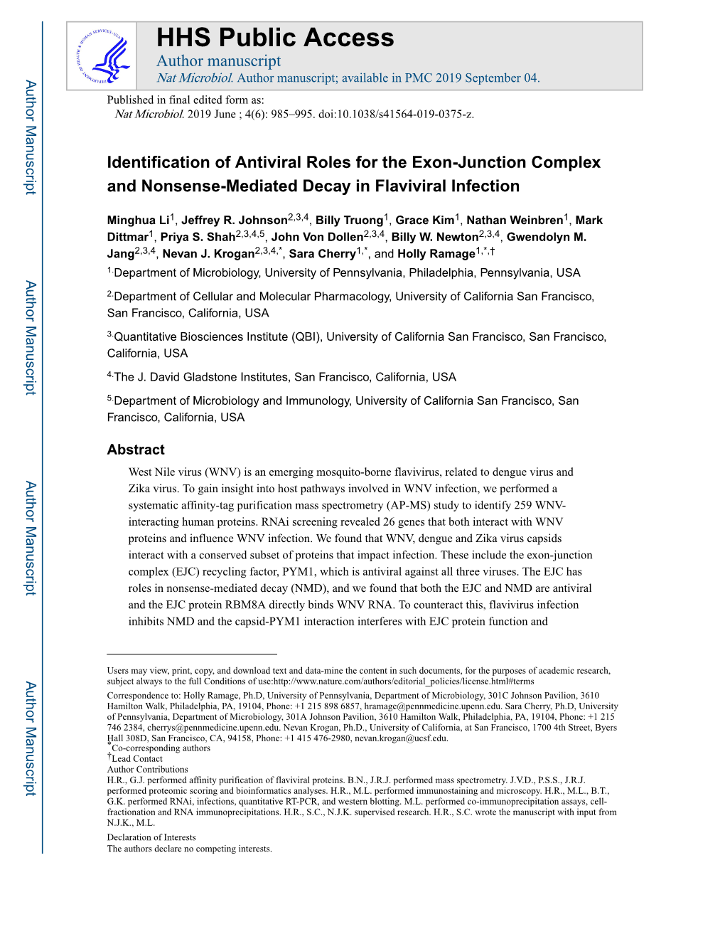 Identification of Antiviral Roles for the Exon-Junction Complex and Nonsense-Mediated Decay in Flaviviral Infection