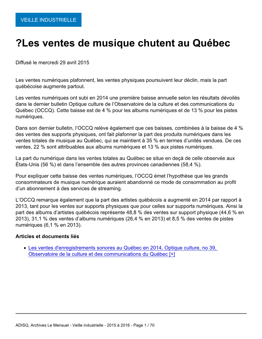 ?Les Ventes De Musique Chutent Au Québec