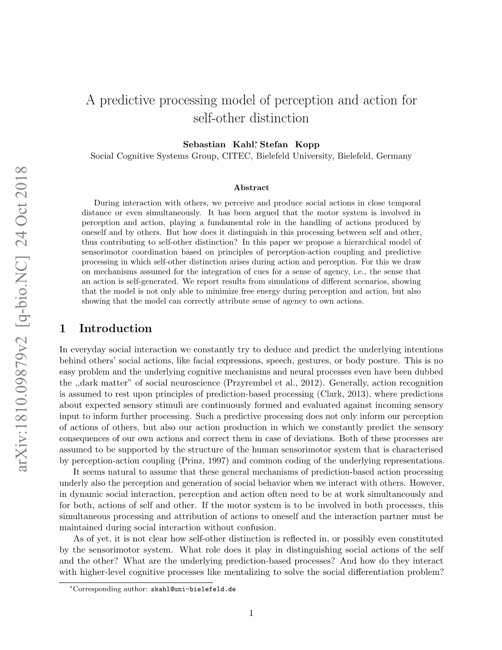 A Predictive Processing Model of Perception and Action for Self-Other Distinction