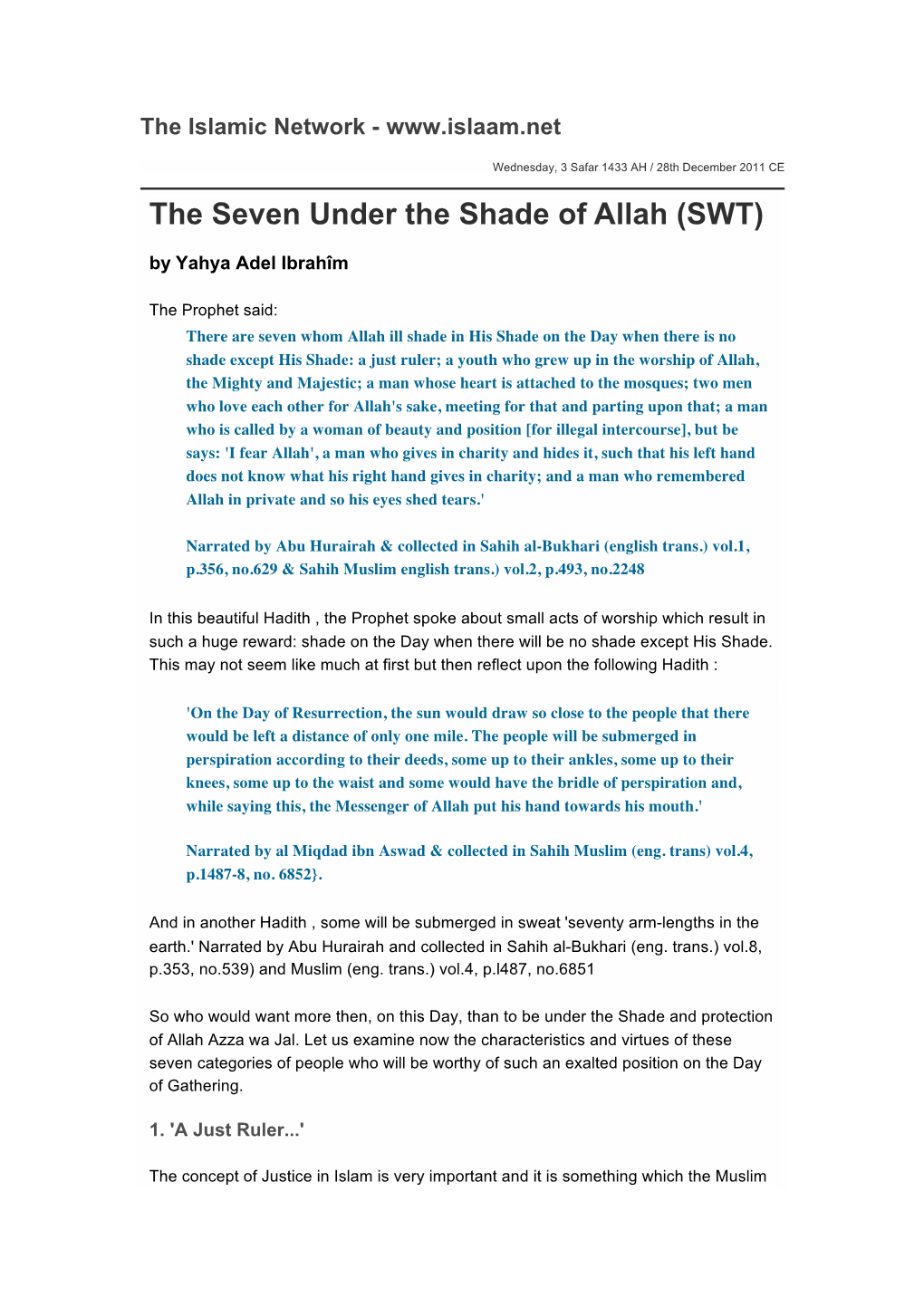The Seven Under the Shade of Allah (SWT)