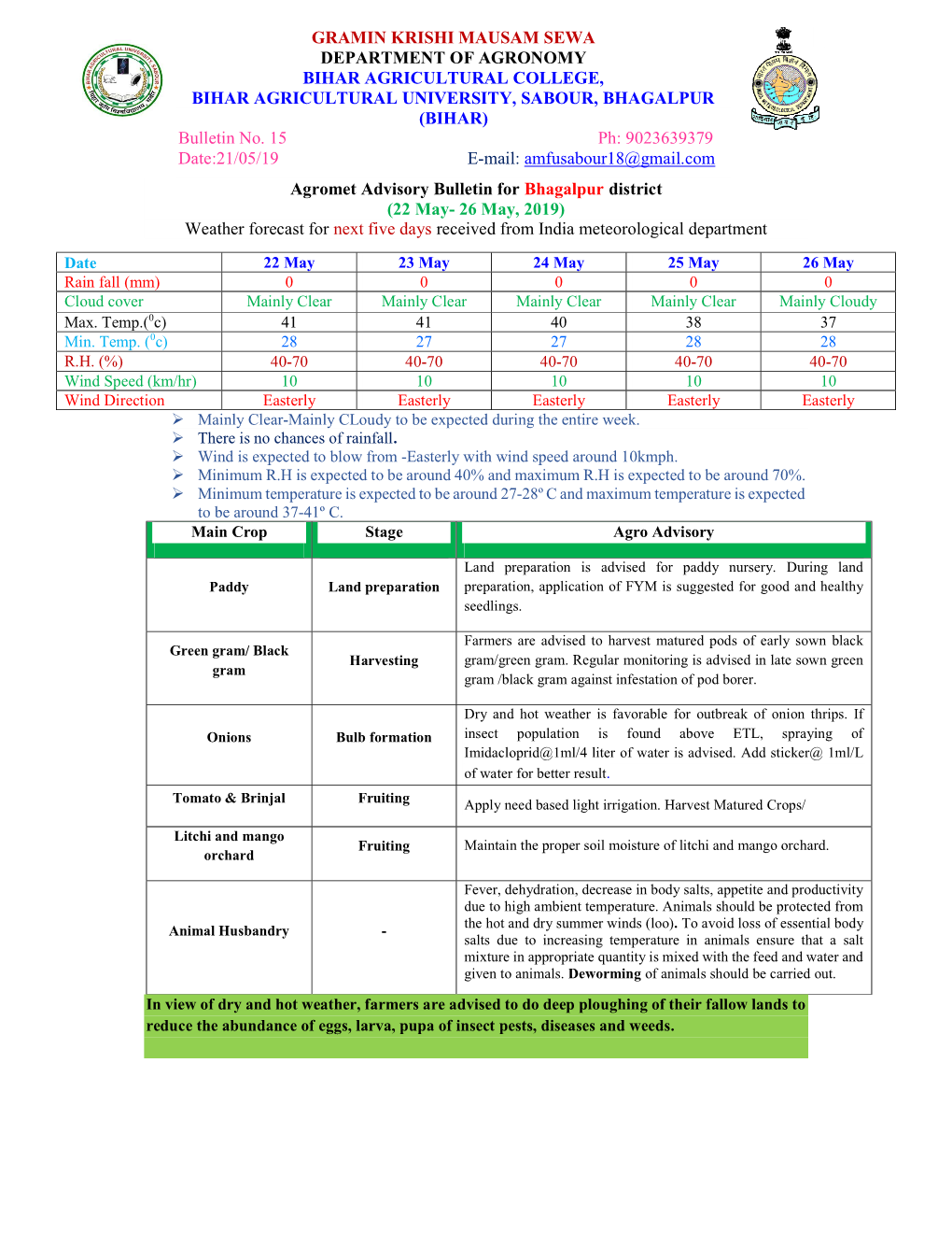 Agromet Advisory Bulletin for Bhagalpur District (22 May- 26 May, 2019) Weather Forecast for Next Five Days Received from India Meteorological Department