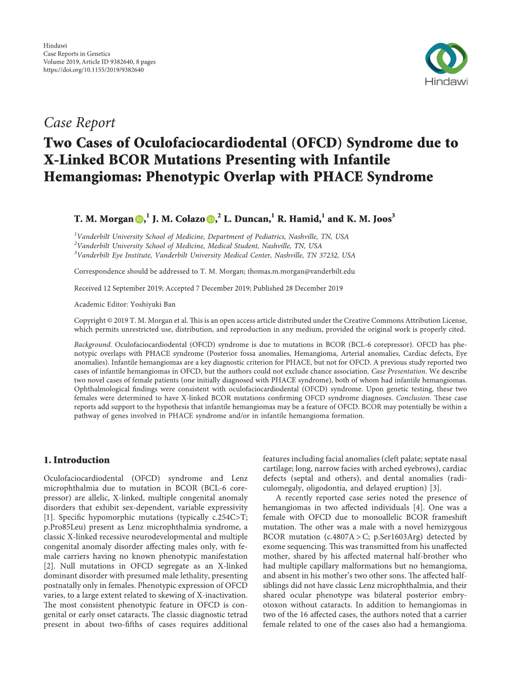 Two Cases of Oculofaciocardiodental (OFCD) Syndrome Due to X-Linked BCOR Mutations Presenting with Infantile Hemangiomas: Phenotypic Overlap with PHACE Syndrome