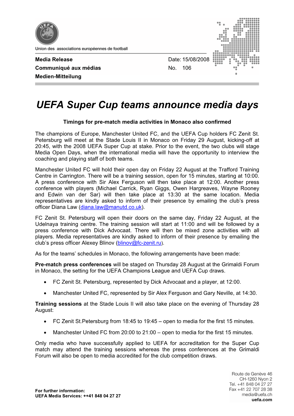 106: UEFA Super Cup Teams Announce Media Days