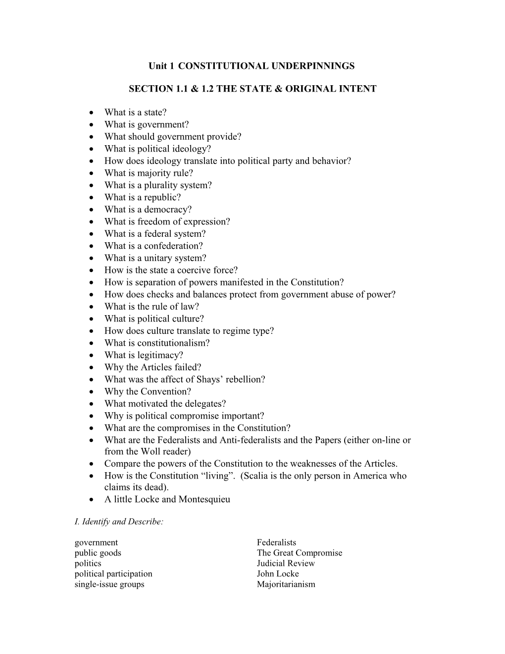 Section 1.1 & 1.2 the State & Original Intent