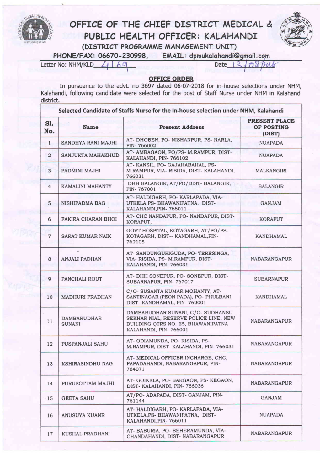 OFFICE of the CHIEF DI PUBLIC HEALTH OFFICE (DISTRICT PROORA,VIME T'^ANAG PHONE/F Axz 06670 - 230998, Letter No: NHM/KLD Date