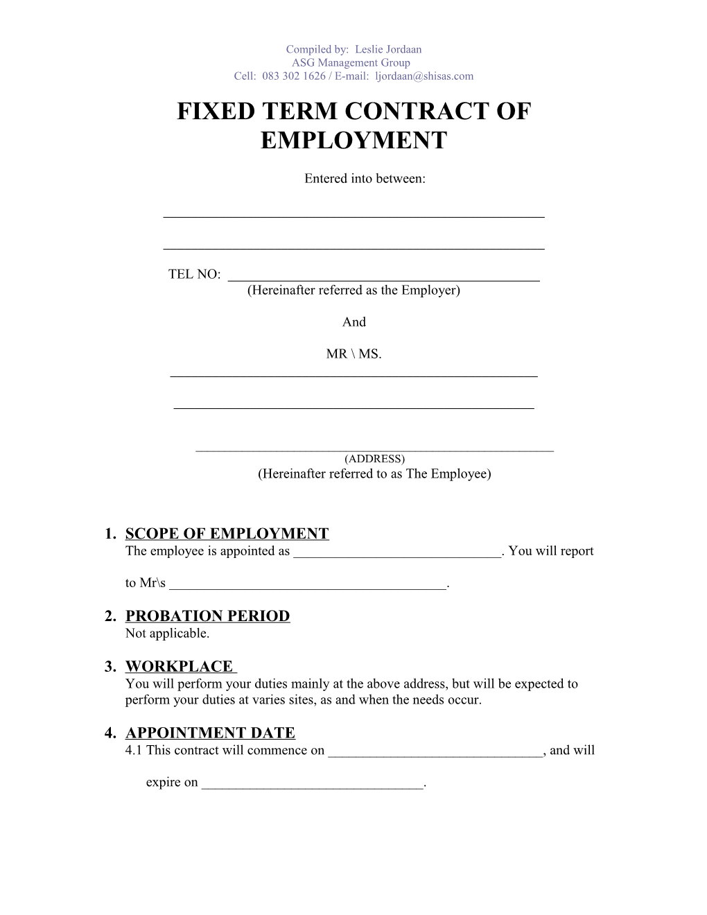 Fixed Term Contract of Employment