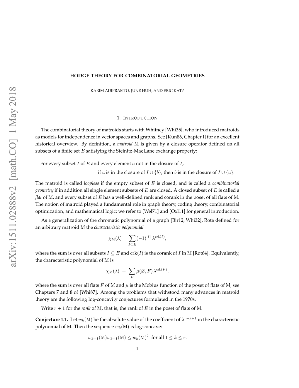 Arxiv:1511.02888V2 [Math.CO] 1 May 2018 Itrcloeve.B Ento,A Deﬁnition, by [ See Overview