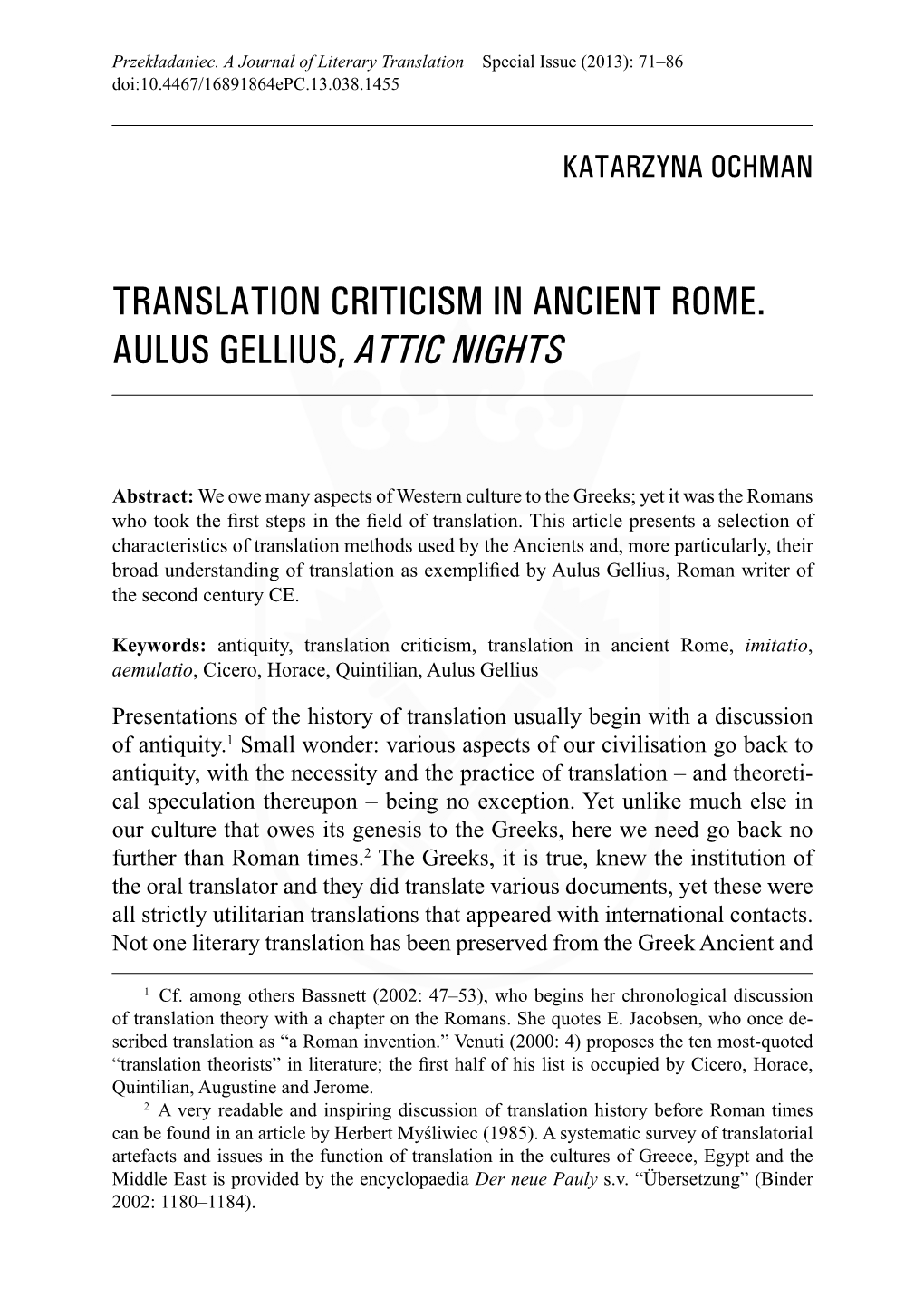 Translation Criticism in Ancient Rome. Aulus Gellius, Attic Nights