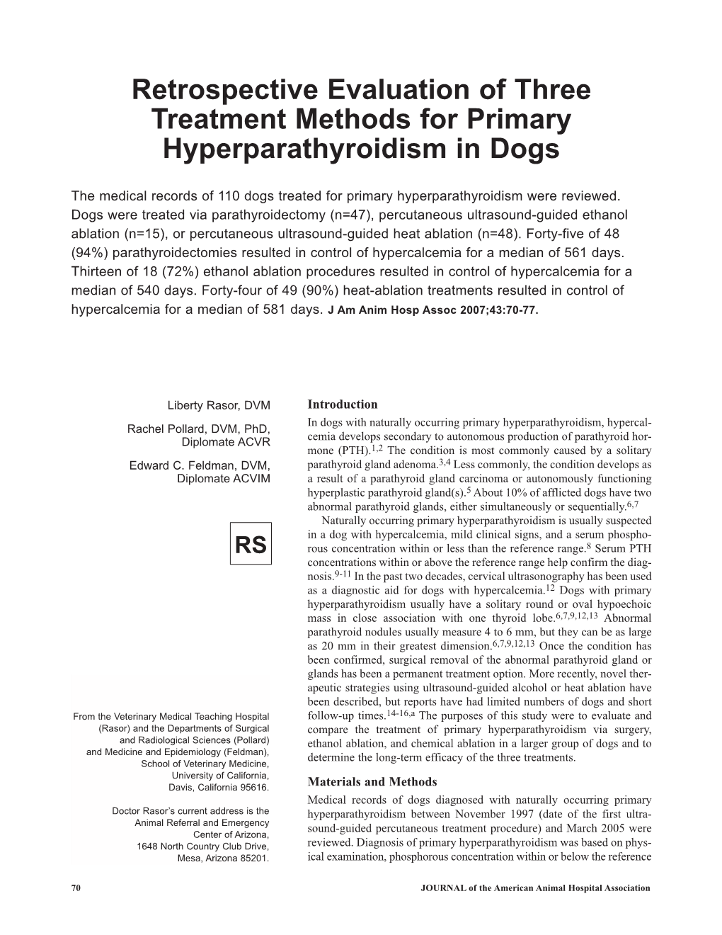 Retrospective Evaluation of Three Treatment Methods for Primary Hyperparathyroidism in Dogs