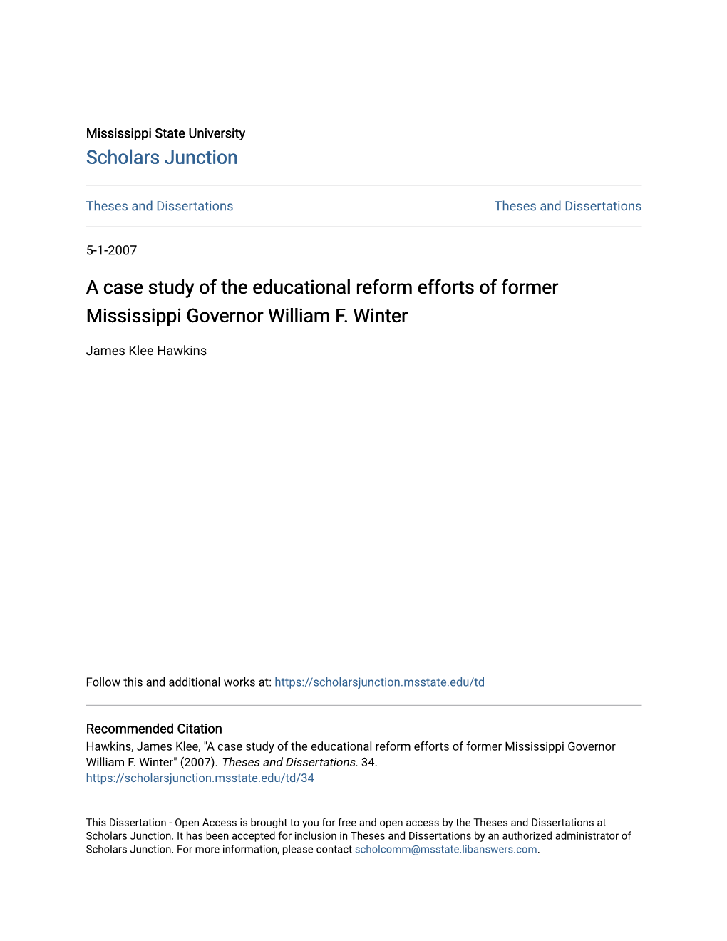 A Case Study of the Educational Reform Efforts of Former Mississippi Governor William F