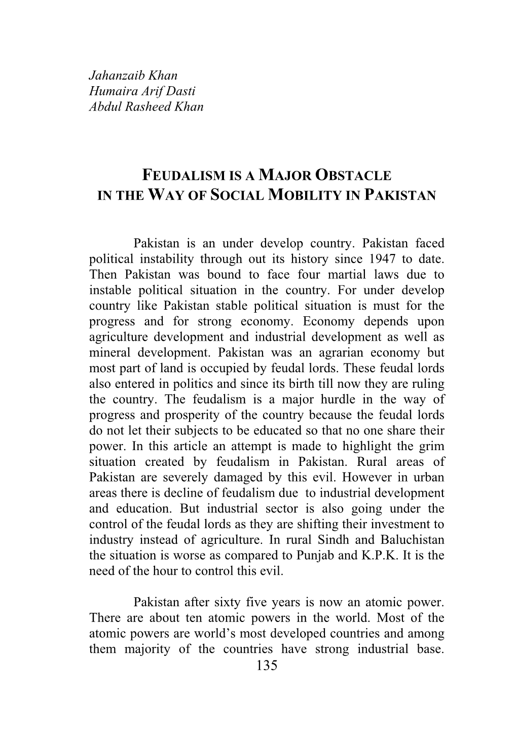 Feudalism Is a Major Obstacle in the Way of Social Mobility in Pakistan