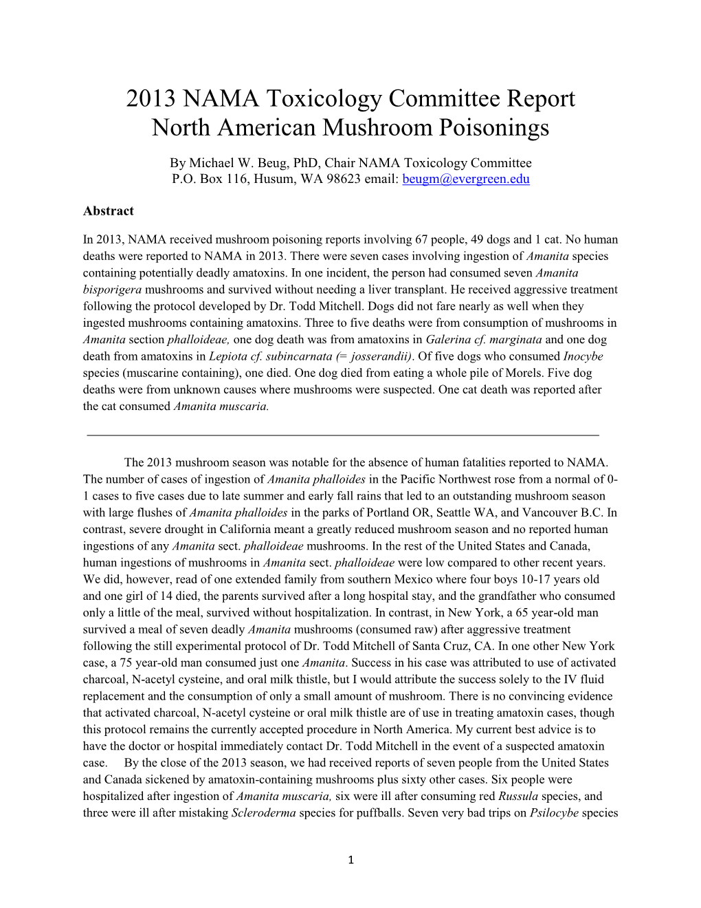 2013 NAMA Toxicology Committee Report North American Mushroom Poisonings