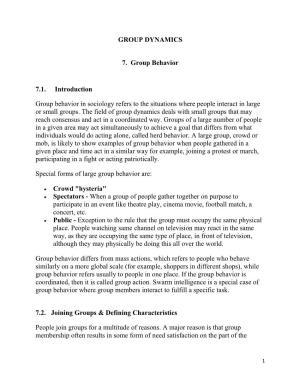 GROUP DYNAMICS 7. Group Behavior 7.1. Introduction Group