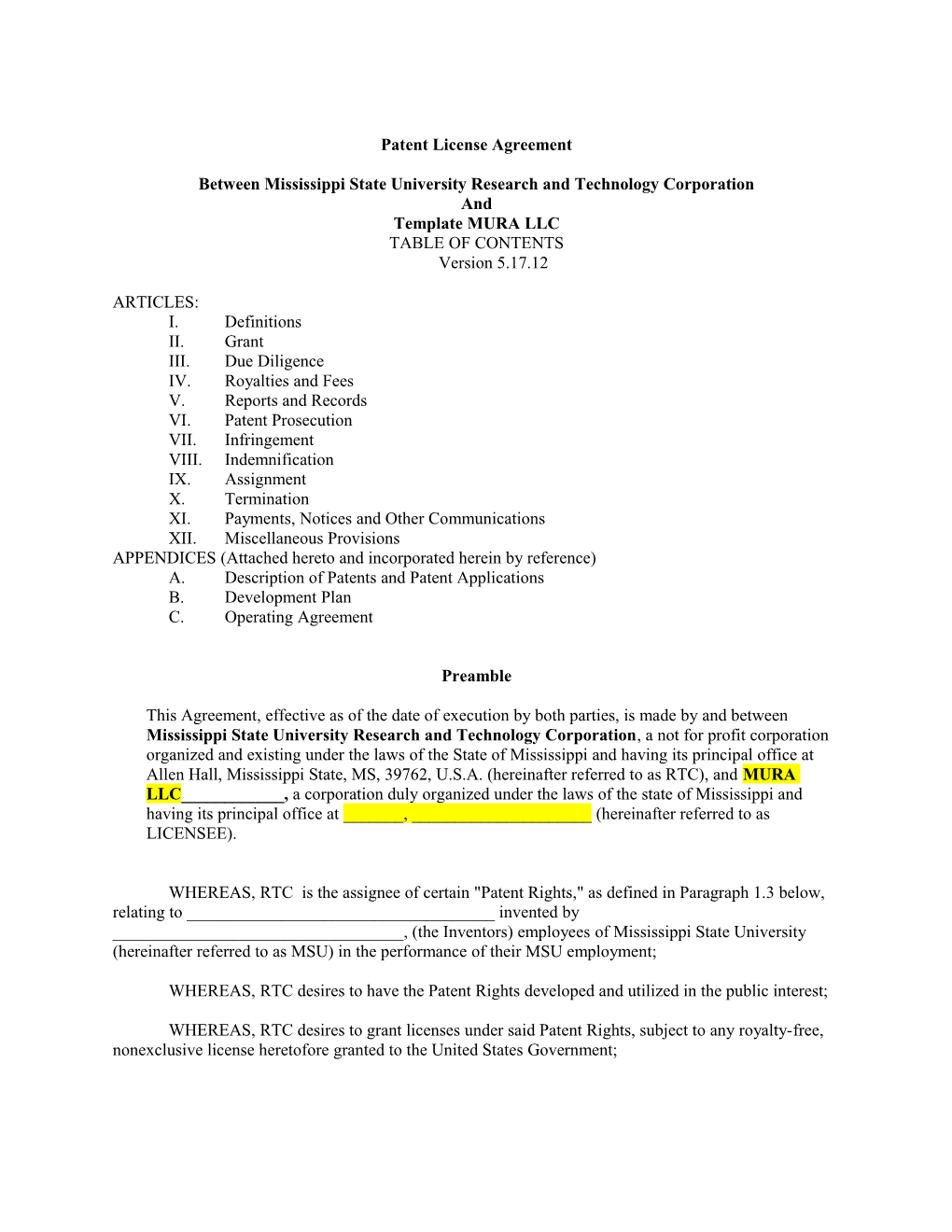 Model Patent License Agreement