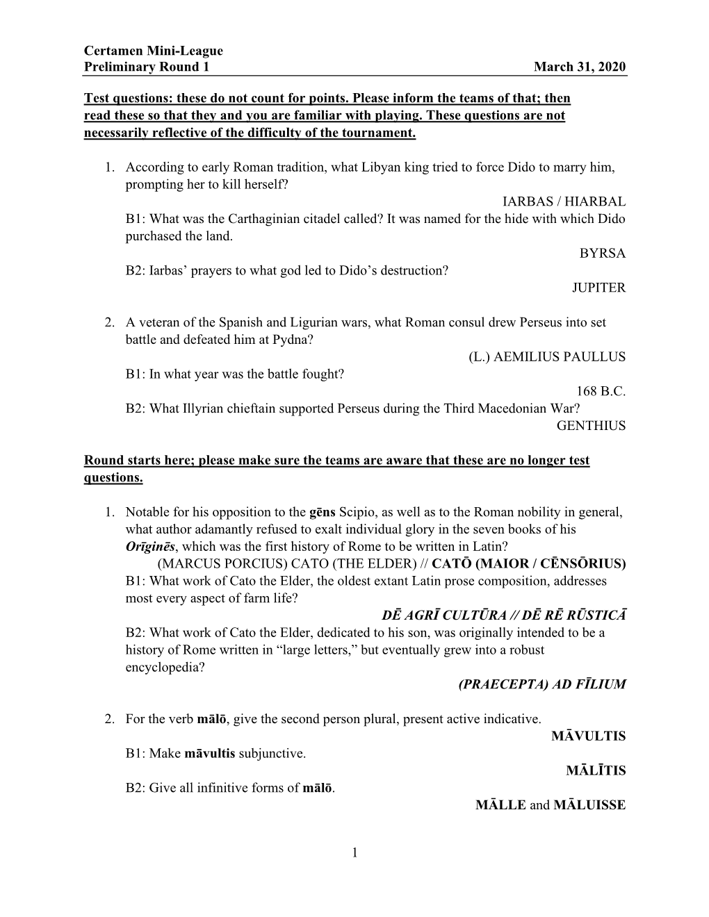 Certamen Mini-League Preliminary Round 1 March 31, 2020