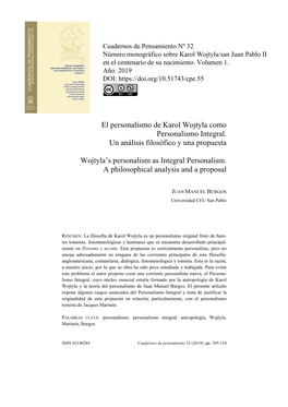 El Personalismo De Karol Wojtyla Como Personalismo Integral. Un Análisis Filosófico Y Una Propuesta