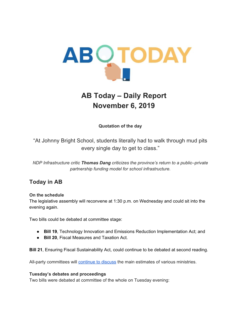 AB Today – Daily Report November 6, 2019